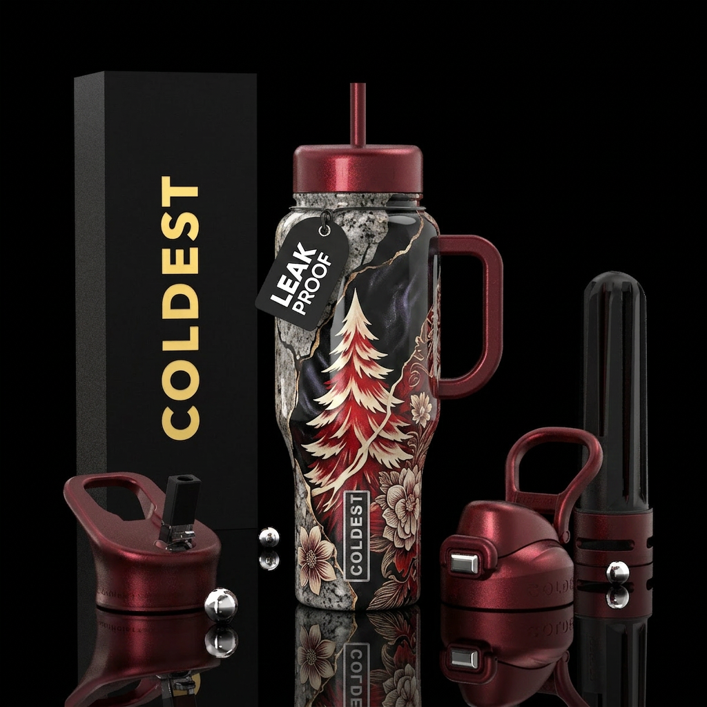 Big Christmas tree, gradient, onyx, red, white ivo... water bottle design