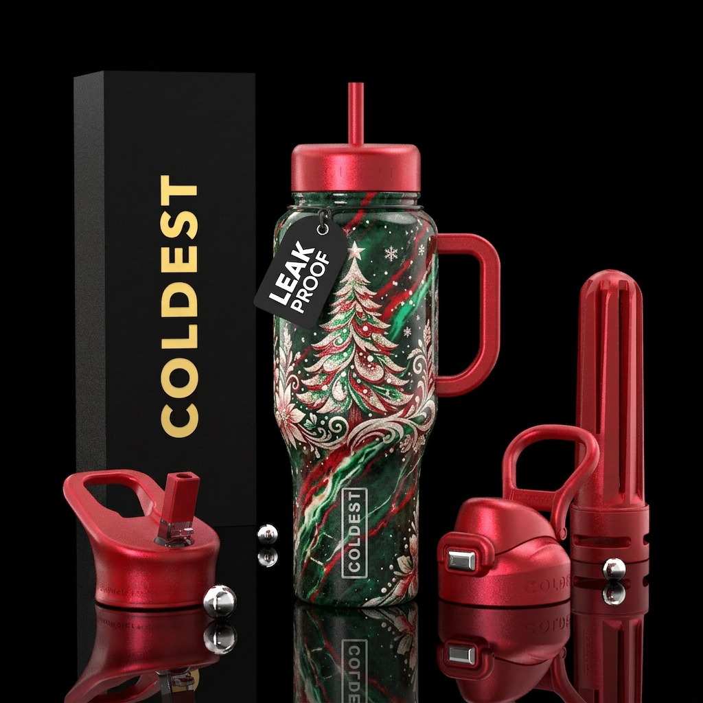 Snowing, Big Christmas tree, gradient, onyx, red, ... water bottle design