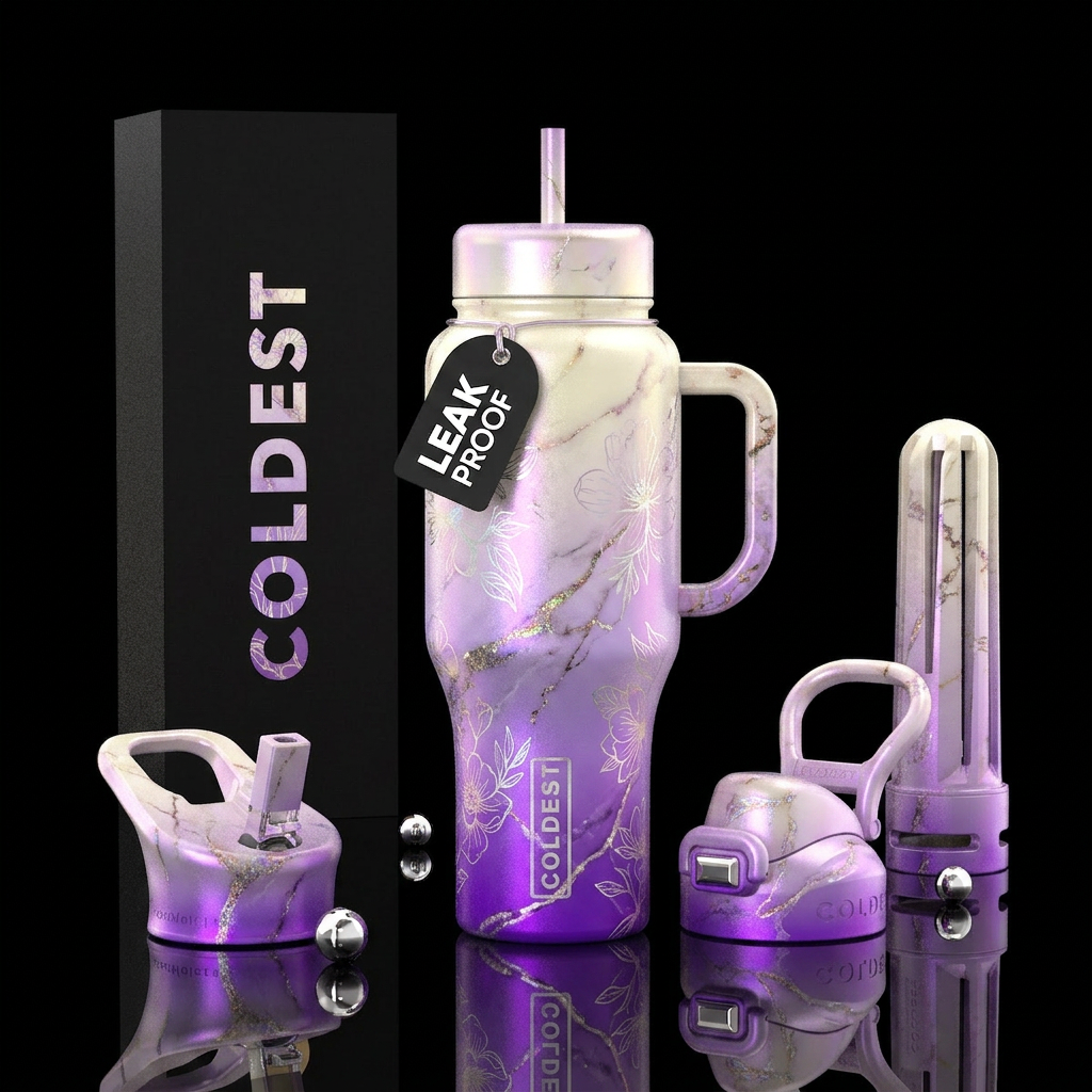 gradient, purple, white ivory veins, floral, mesme... water bottle design