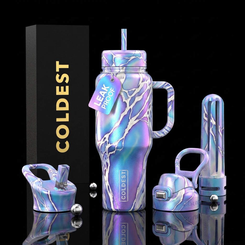 gradient, blue, purple, white ivory veins, mesmeri... water bottle design