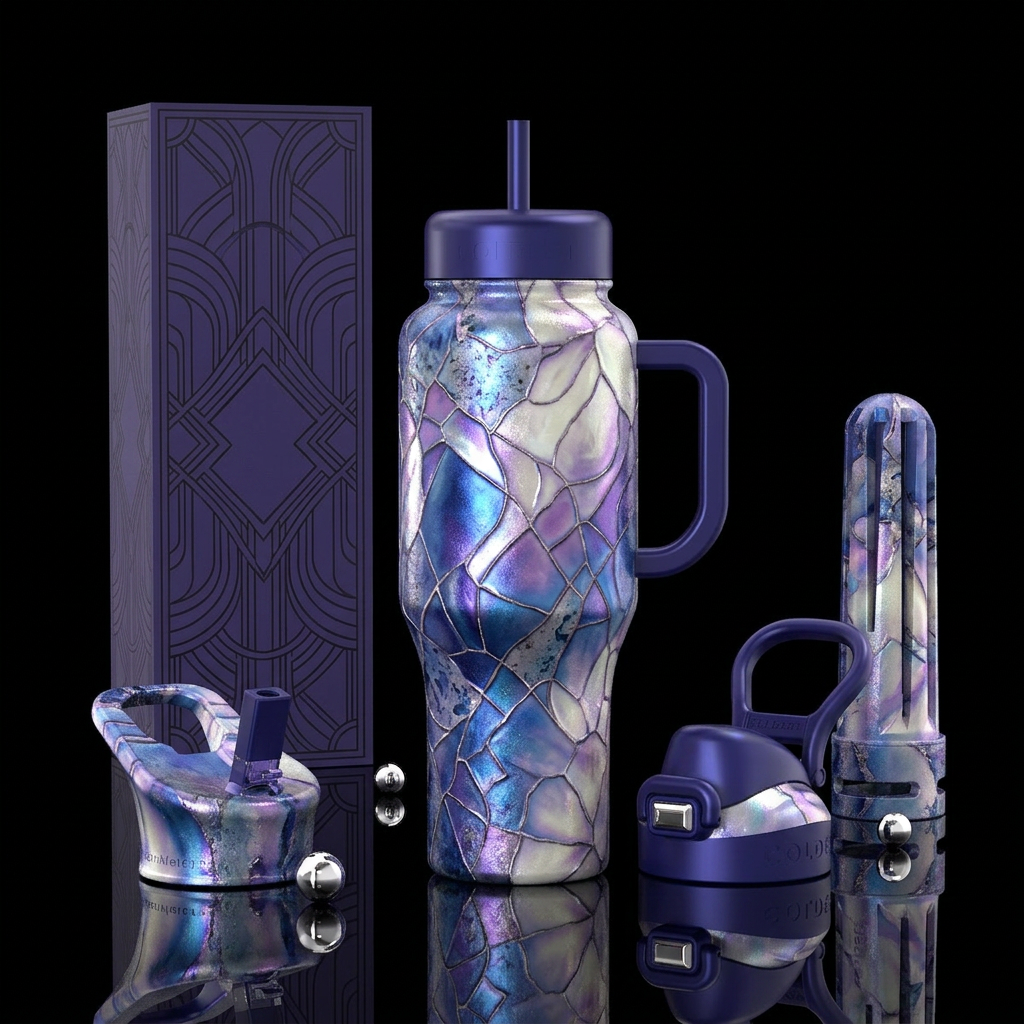 , blue, purple, white ivory, mesmerizing, shimmer,... water bottle design