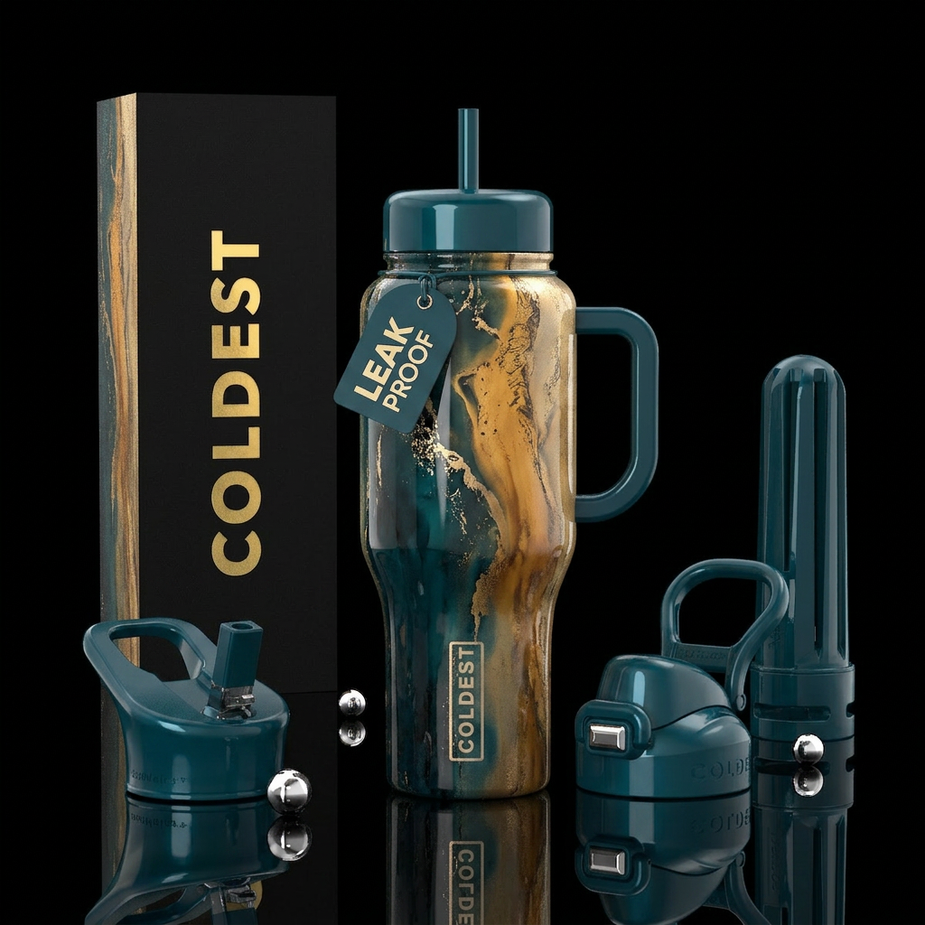 Fluid, Dark glossy teal, butterscotch kisses,, dis... water bottle design
