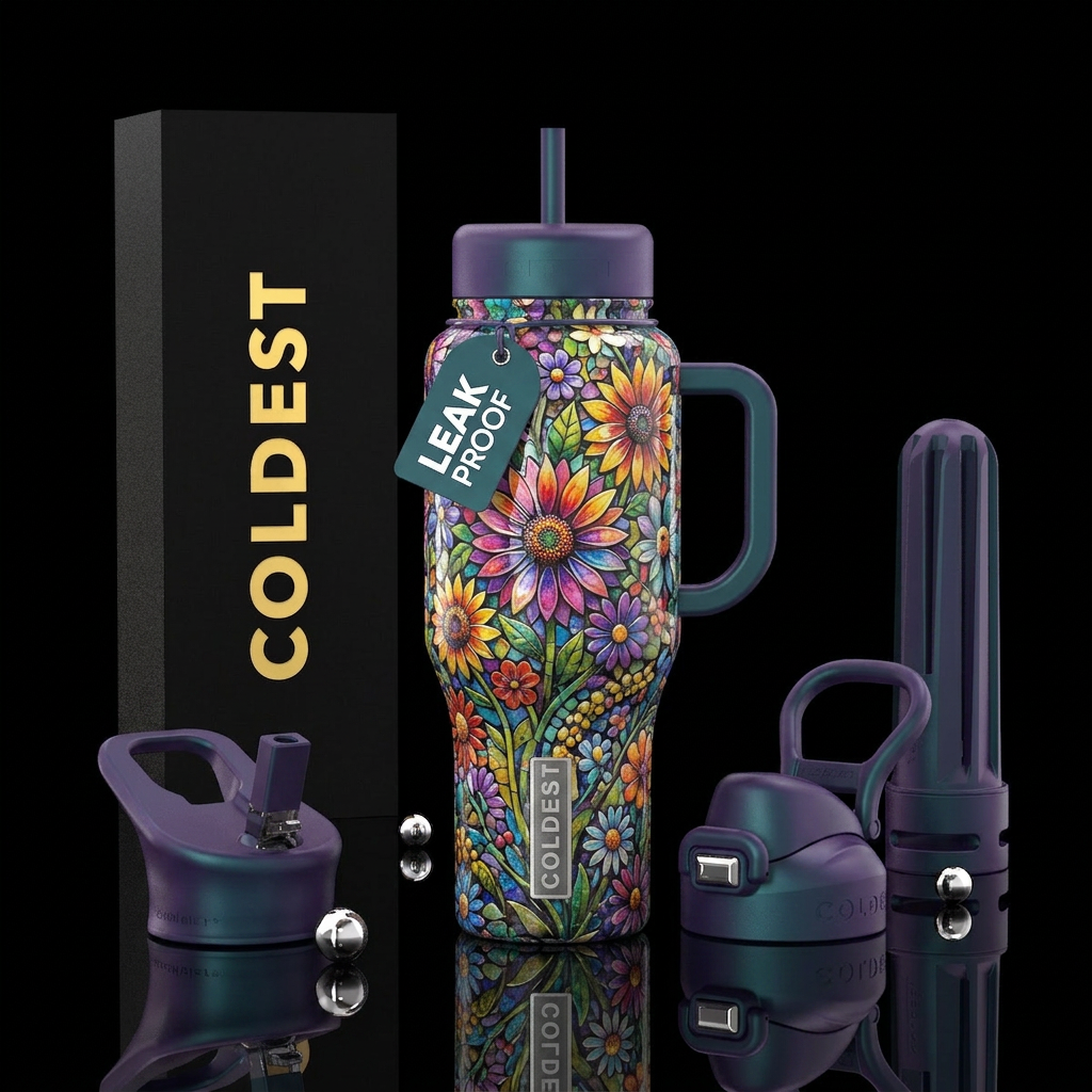 Mosaic, Tight focus on center flowers, wildflowers... water bottle design