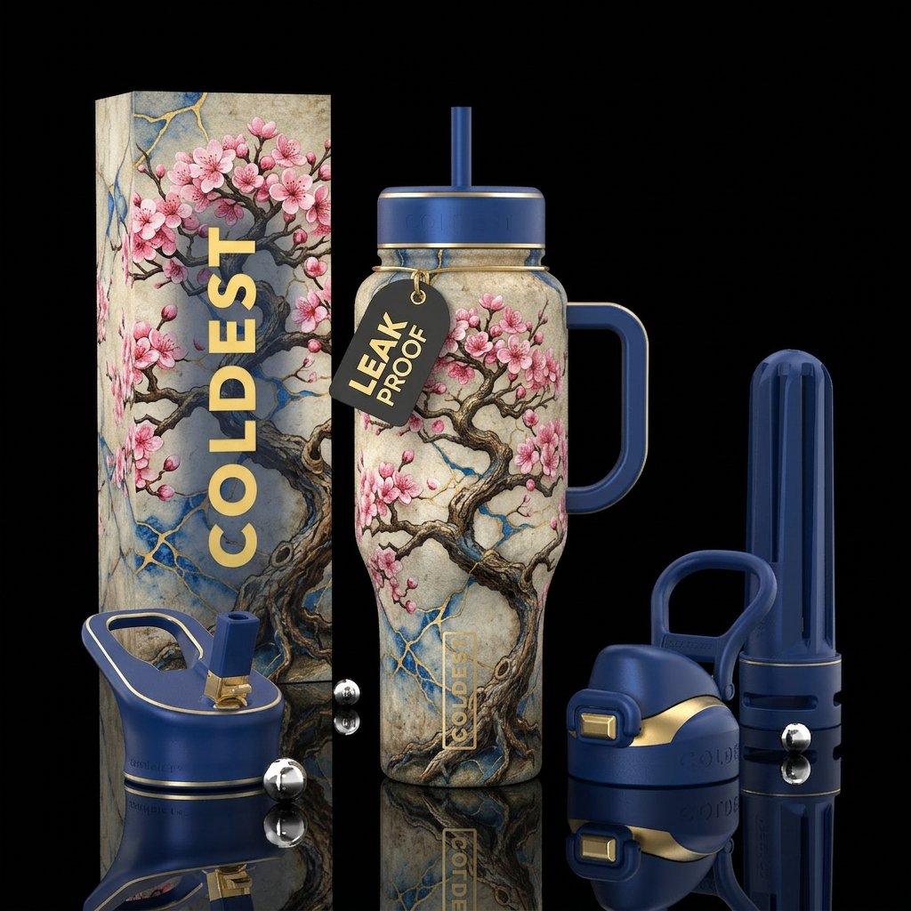 Japanese, Bonsai tree in delicate blue and gold ve... water bottle design