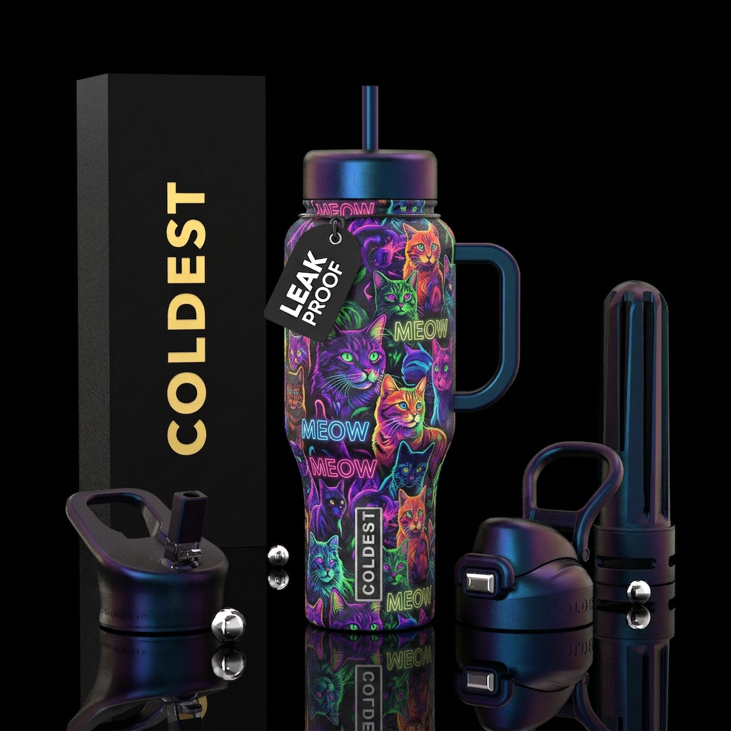 Rainbow cats, neon glow in the dark cats, abstract... water bottle design