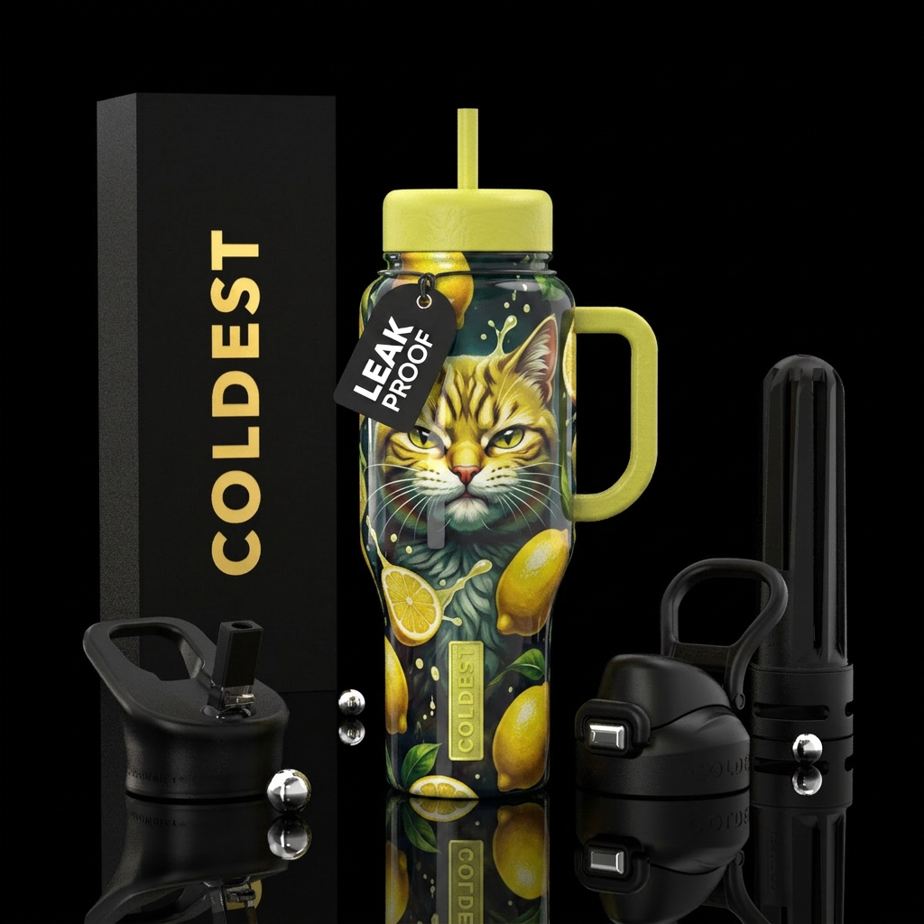 Lemon, cat and yellow for Joe water bottle design