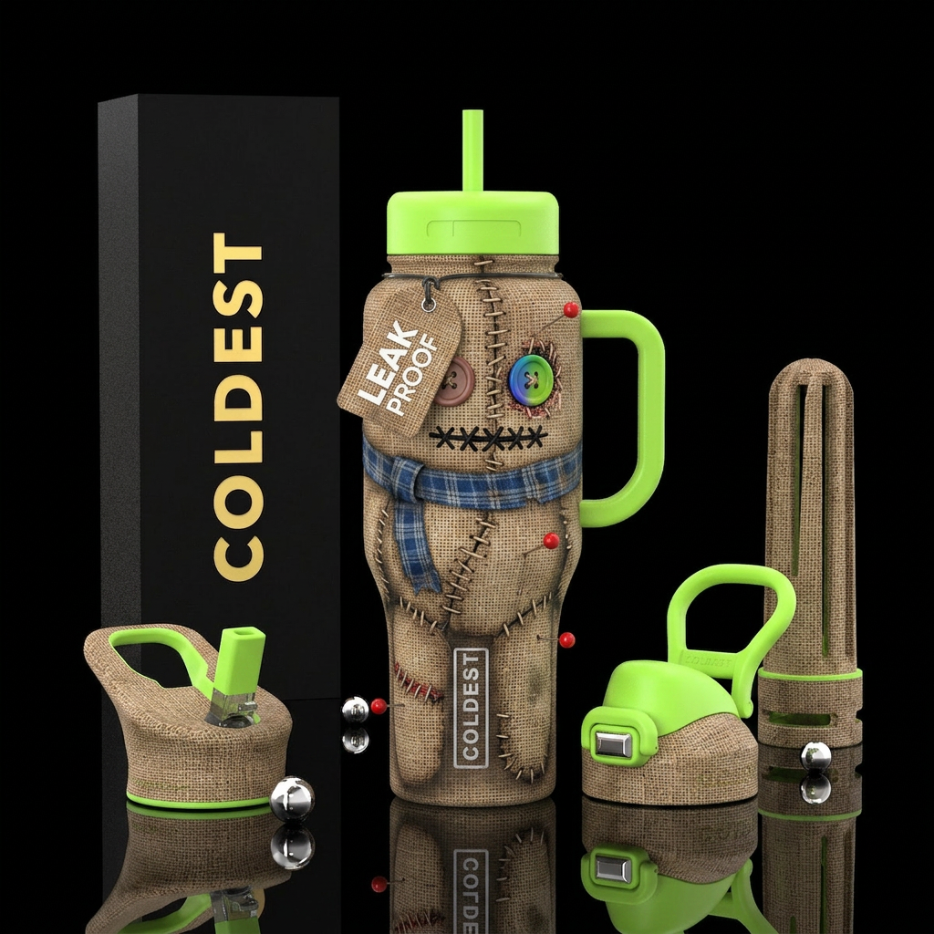 Hex doll with legs, no smile, spooky, realism, hor... water bottle design