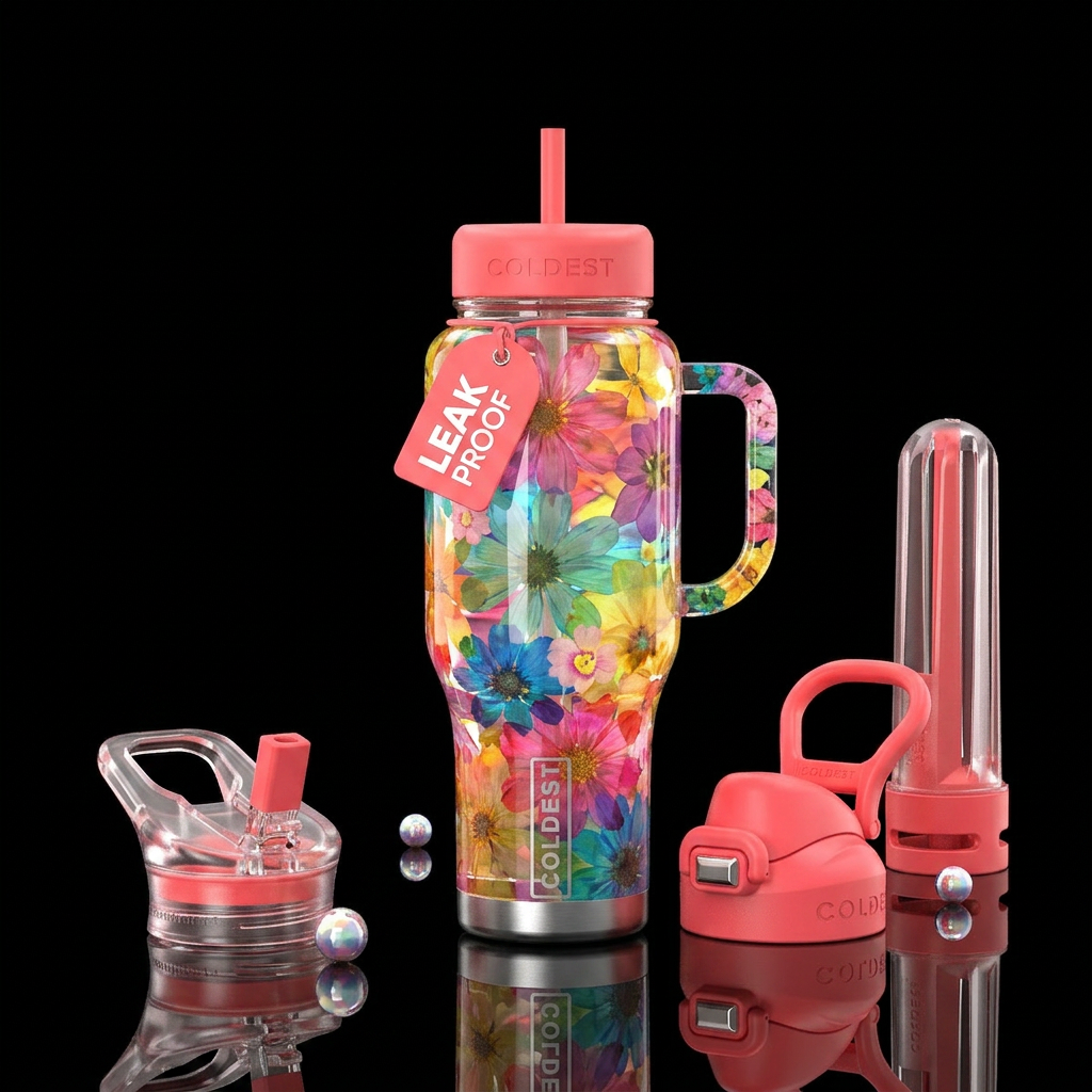 Colorful transparent flowers, happy, bright,, soot... water bottle design