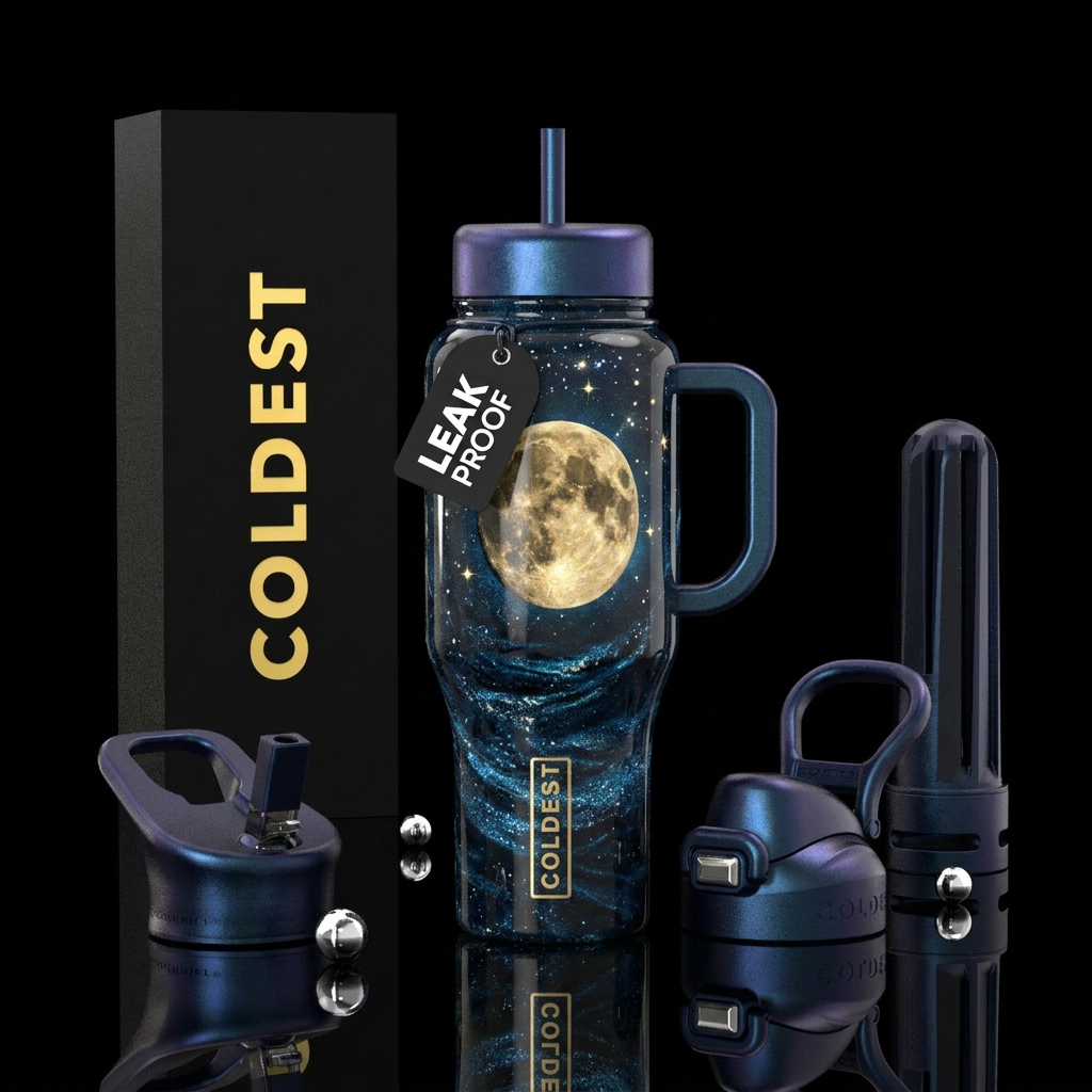 Dark ocean with glitter effect, close up of full m... water bottle design