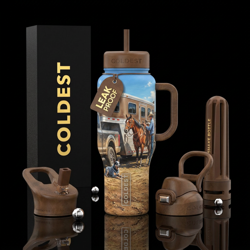 Sunny day at the rodeo, Horse trailer with living ... water bottle design
