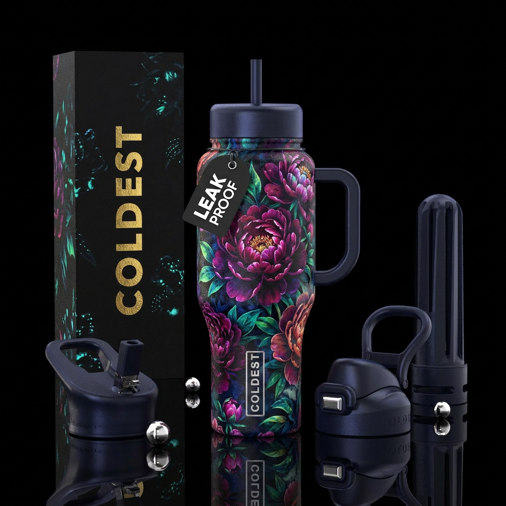 Peonies at midnight, brightly colored,, maximalist... water bottle design