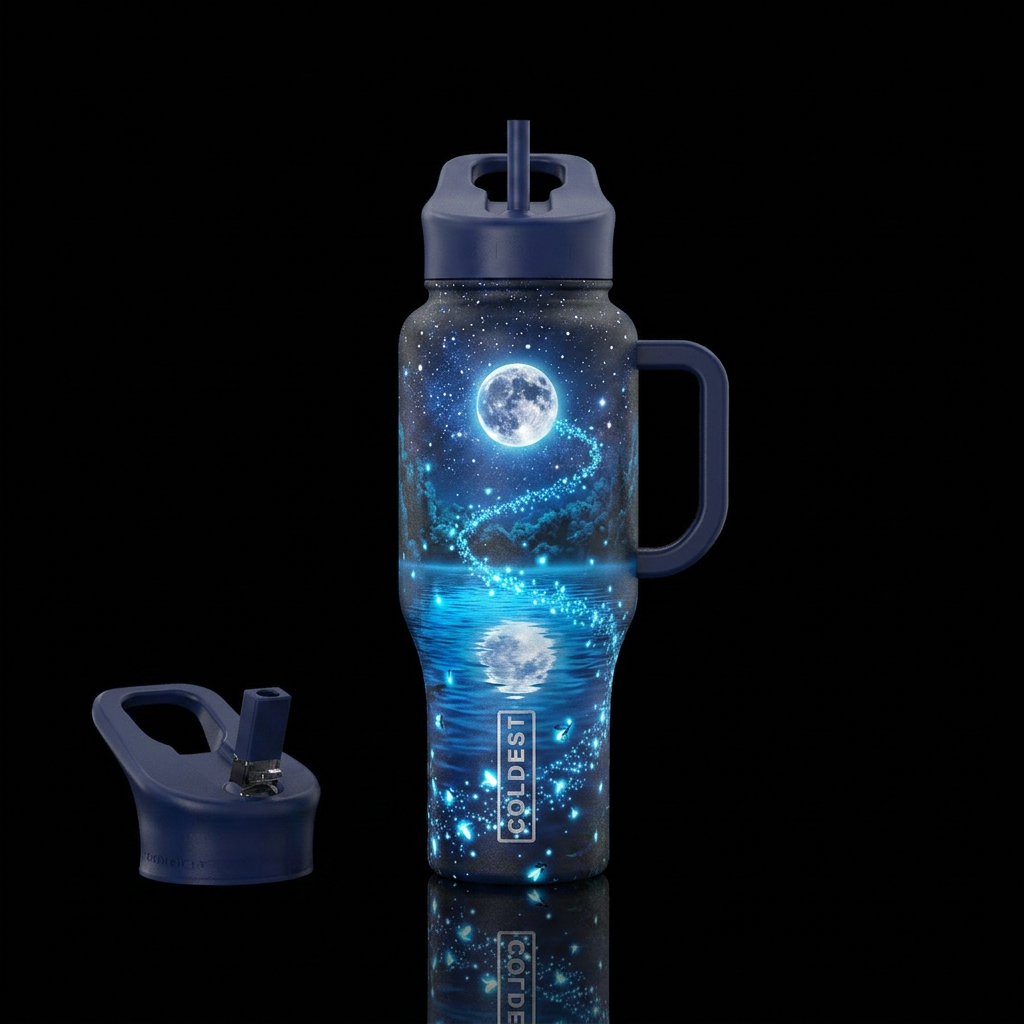 Bright Fireflies, artistic, full cosmic moon, refl... water bottle design