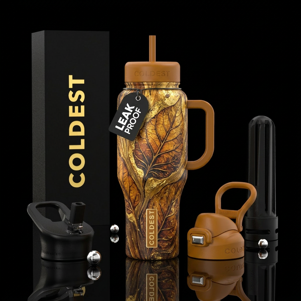 Amber fossilized leaves, gold hues, natural beauty... water bottle design