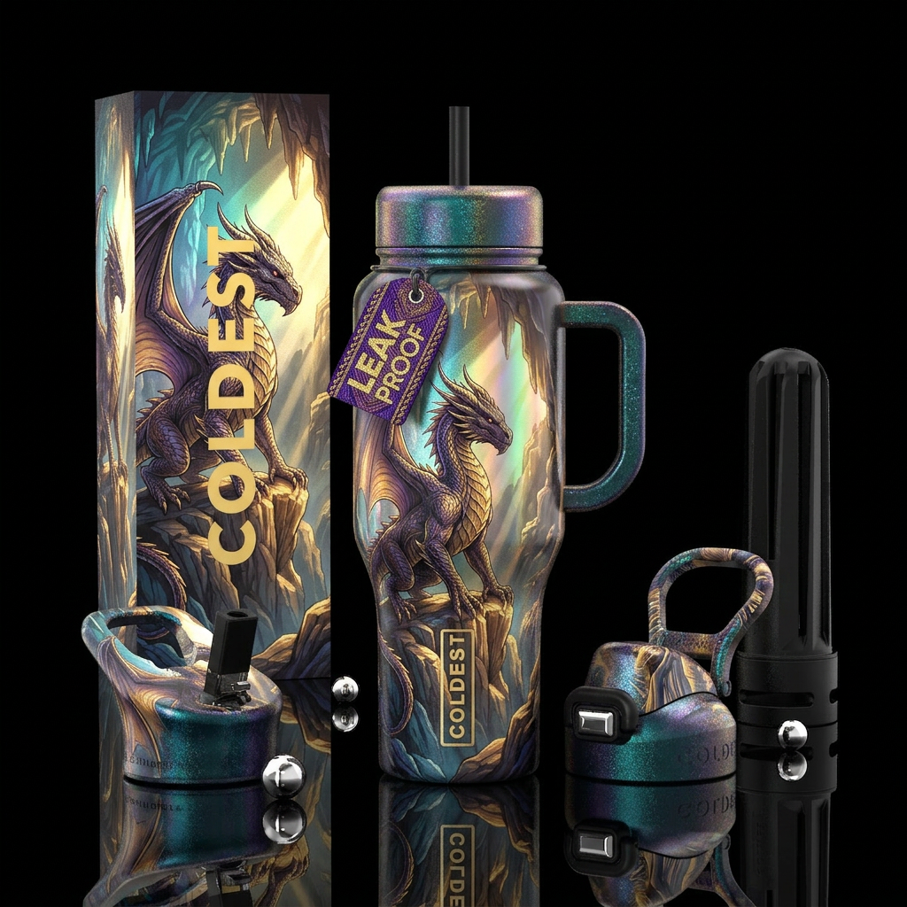 Holographic, peacock shiny green, sharp shadows an... water bottle design