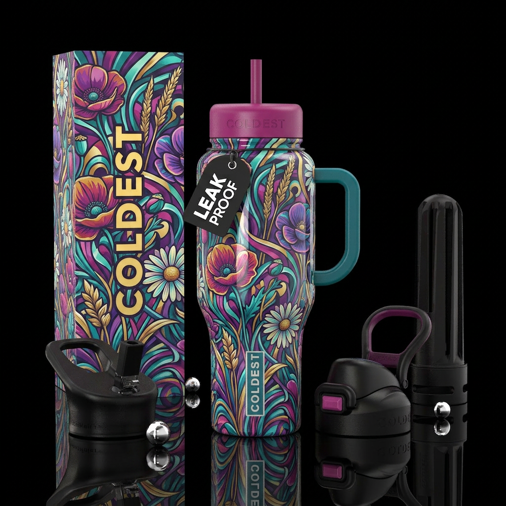 floral, glossy, bold highlights,, illustration,, w... water bottle design
