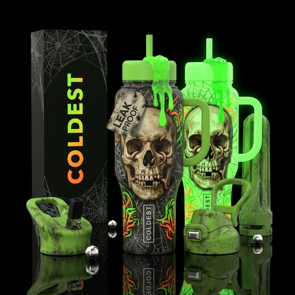 Show two bottles; one regular the other glow in th... water bottle design