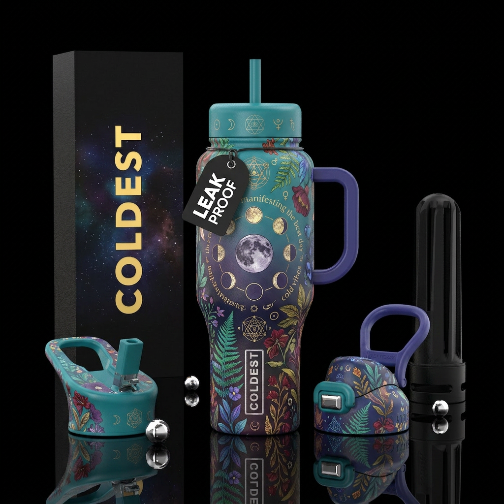 Botanical illustrations, moon, manifesting the bes... water bottle design