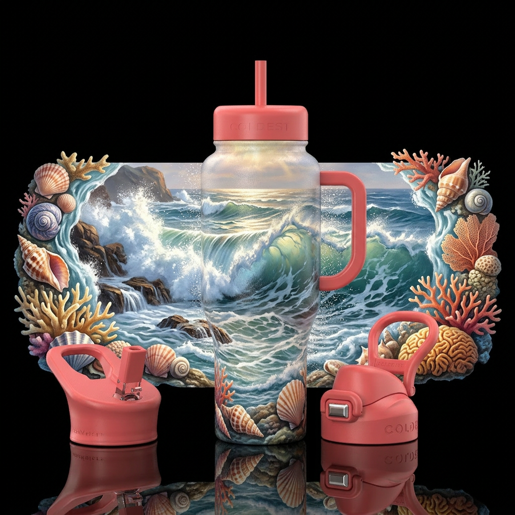Breaking waves water bottle design