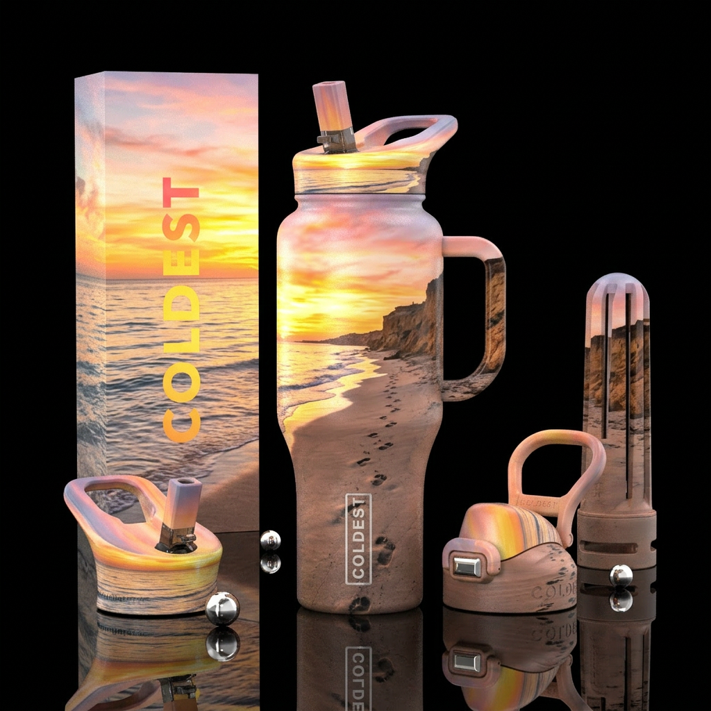 Footprints and sunset water bottle design