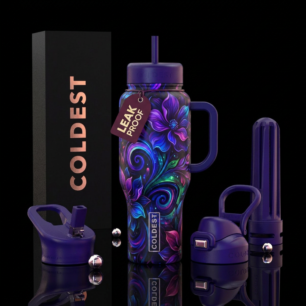Black light floral water bottle design