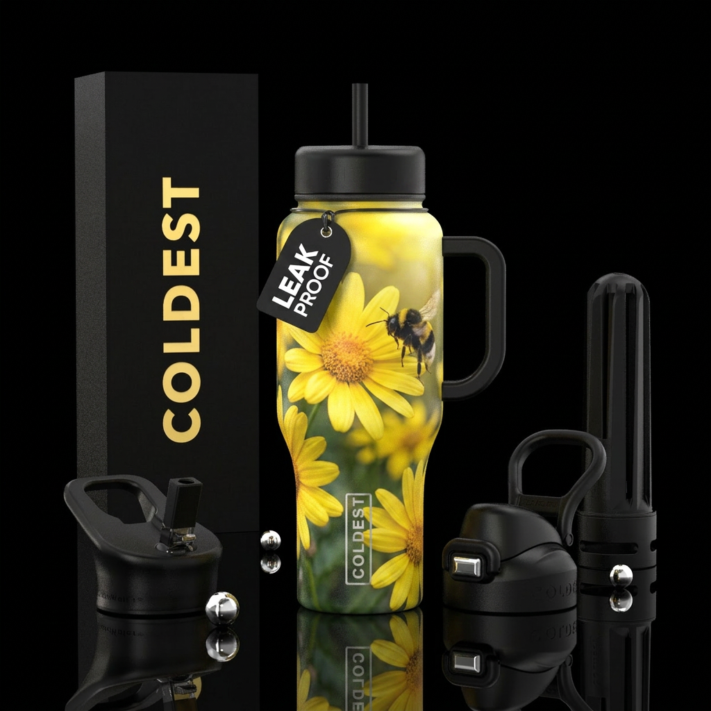 Yellow daisy up close to see details, bumble be bu... water bottle design