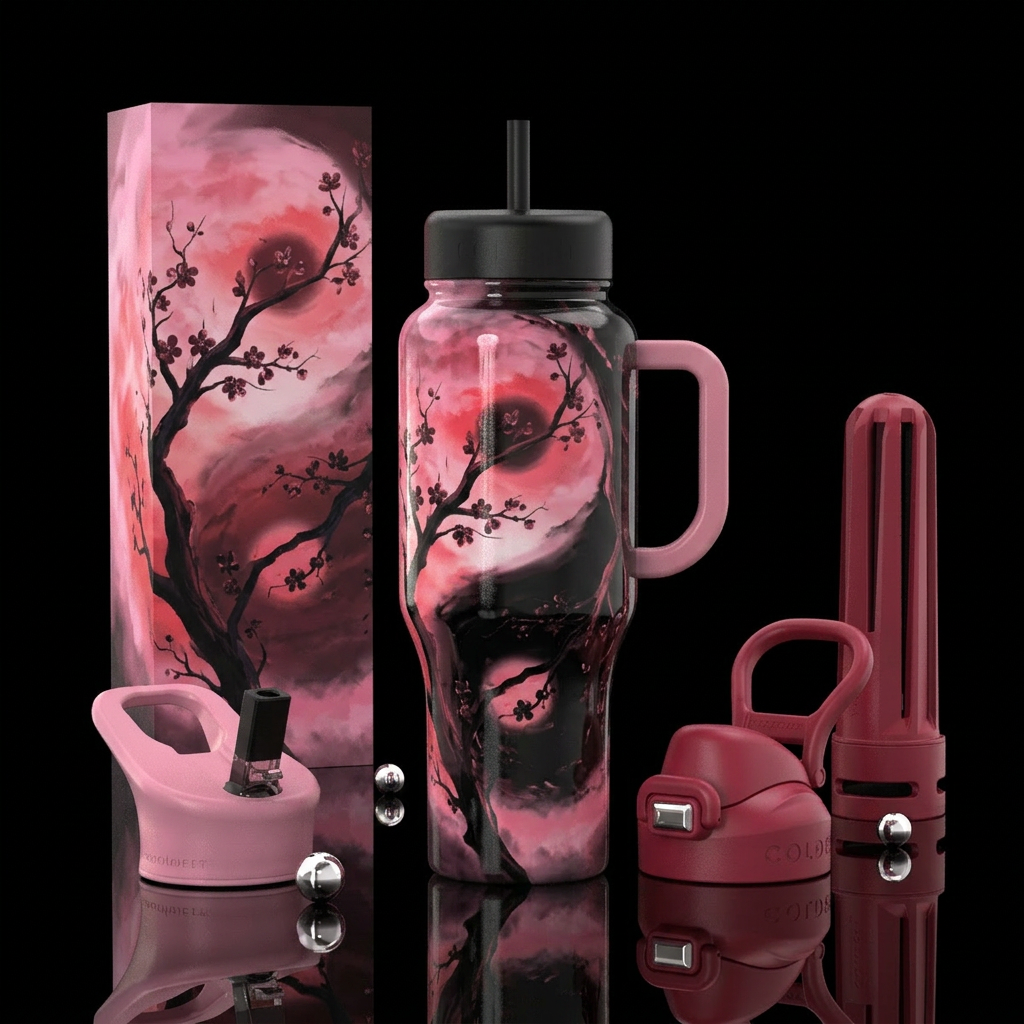 Yin and yang cherry water bottle design