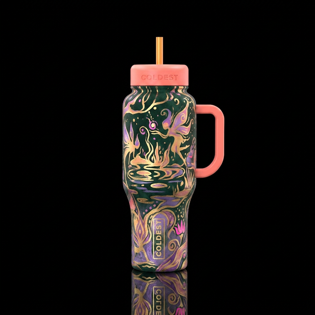 Fairly, magical, pristine, Pine green, gold, peach... water bottle design