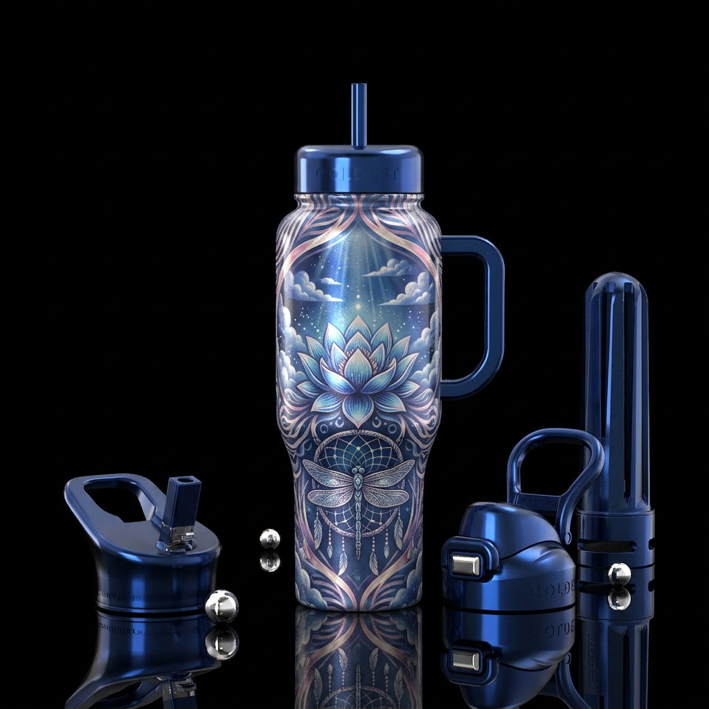 Blue lotus dragonfly water bottle design
