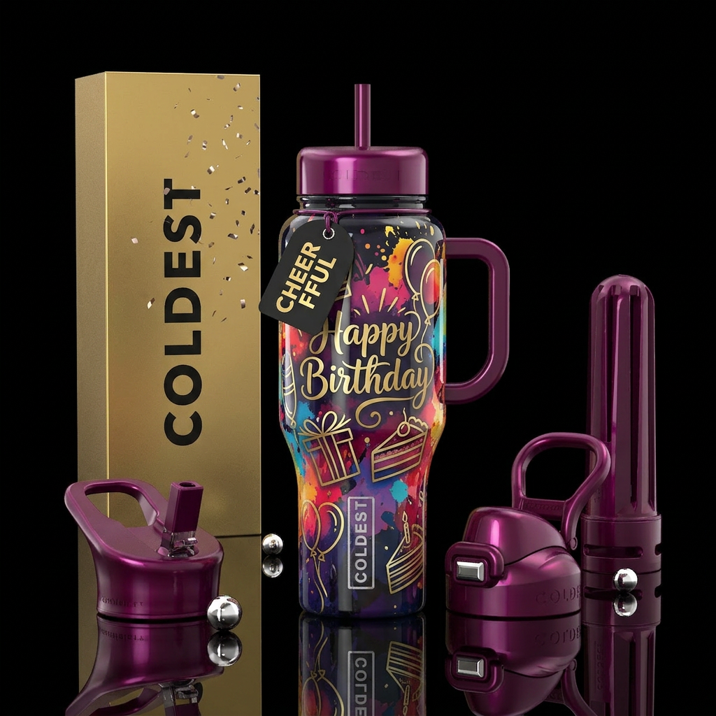 Happy birthday, glossy, abstract, cake, balloons, ... water bottle design