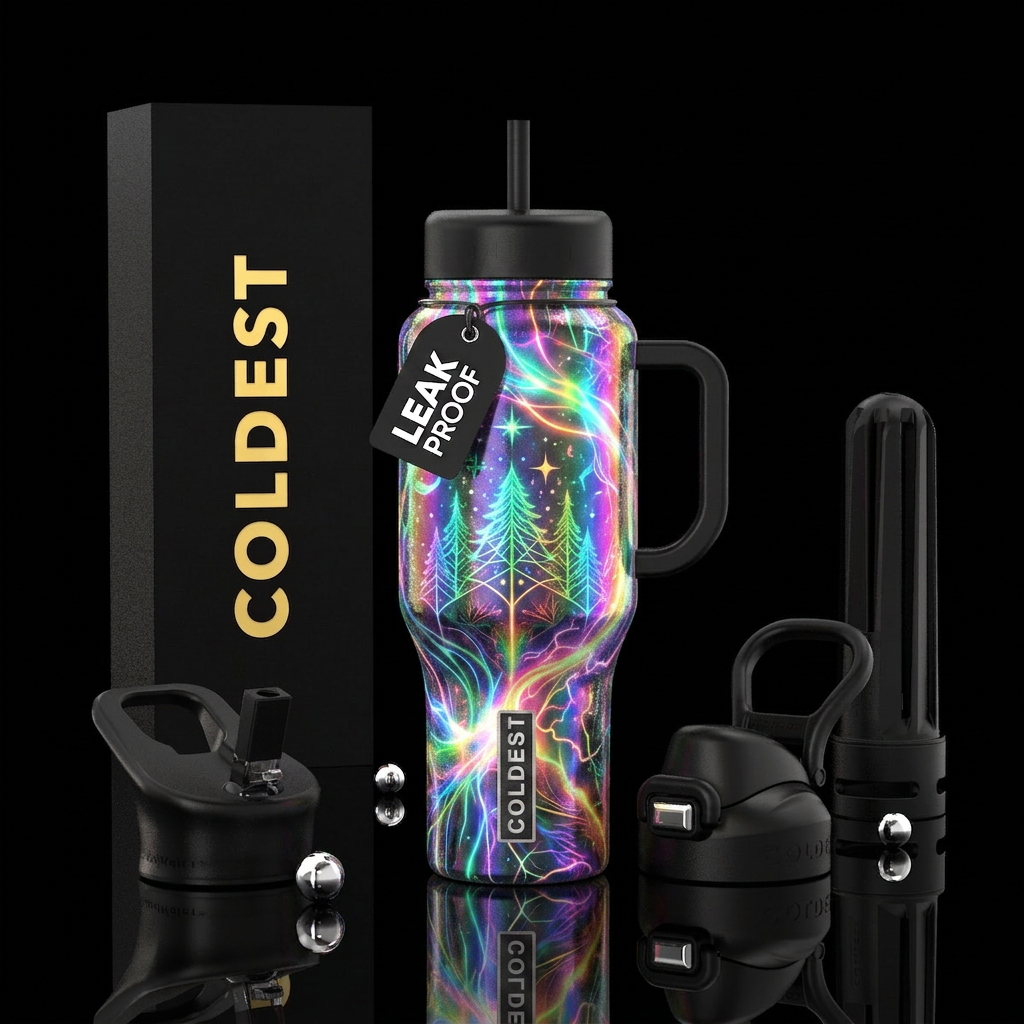 neon lights, trees, oxidized, rebellious, midsumme... water bottle design