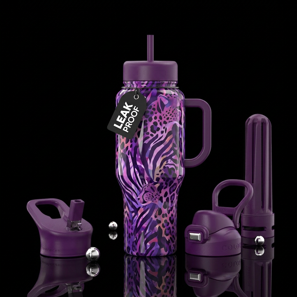 Purple cats water bottle design