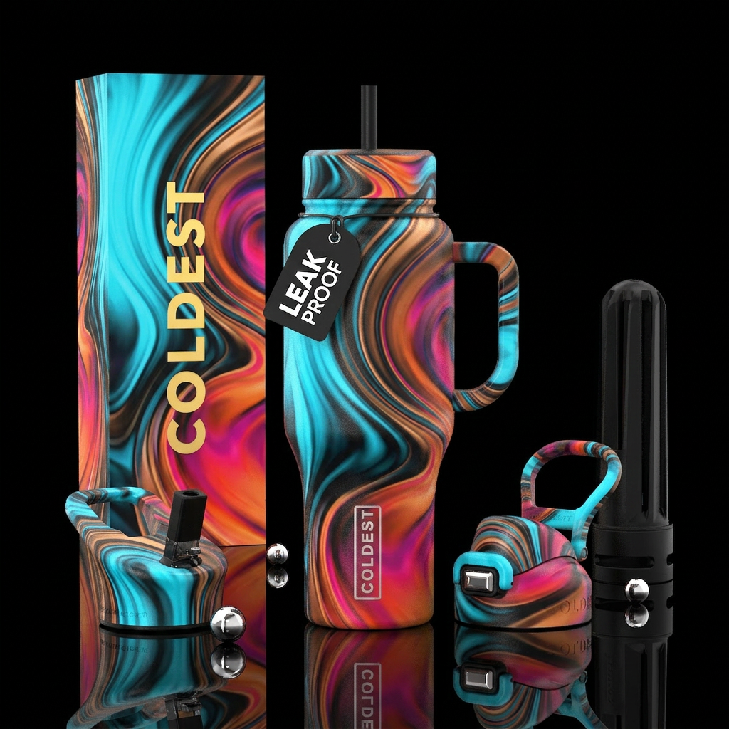 cyan, onyx, bronze, timeless, holi, hypnotic water bottle design