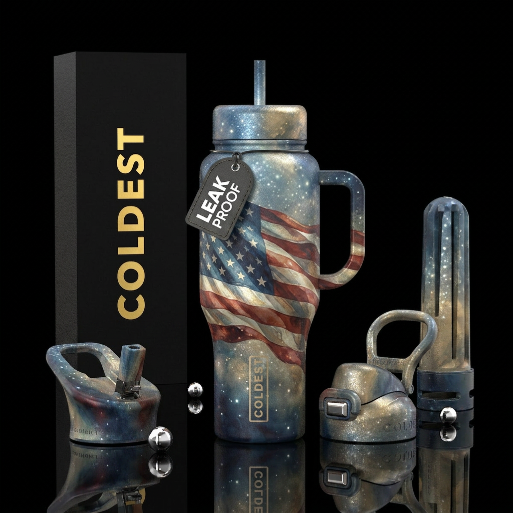 Moonlight shining down on huge USA flag moving in ... water bottle design