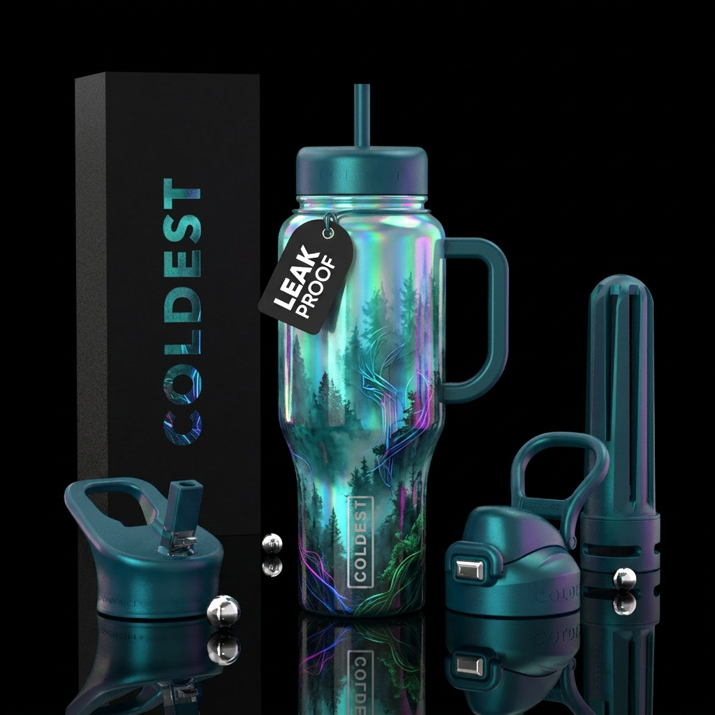 opulent, teal, misty forest, neon lights, holograp... water bottle design