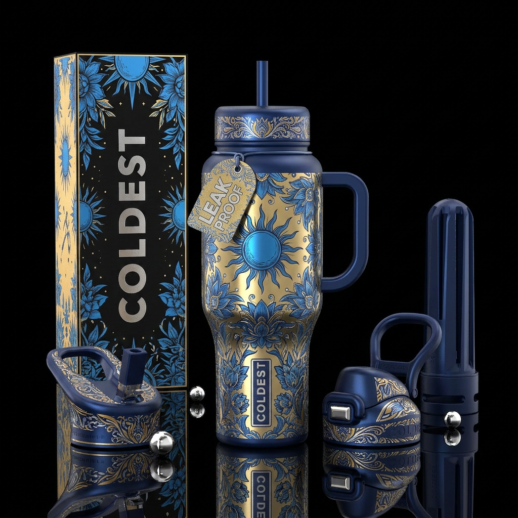 Sun and floral blue on citrine metal, lots of deta... water bottle design