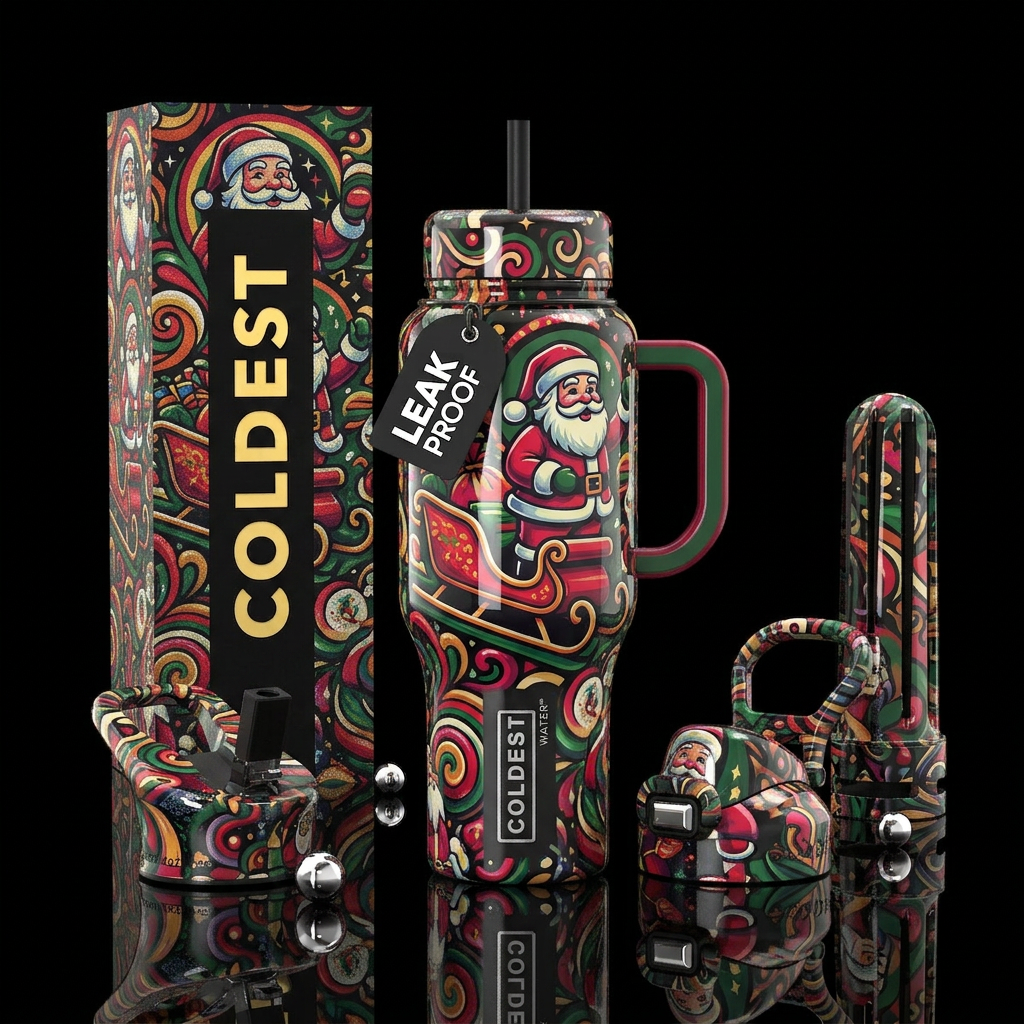 80’s Santa clause, retro sleigh, groovy,, glossy, ... water bottle design