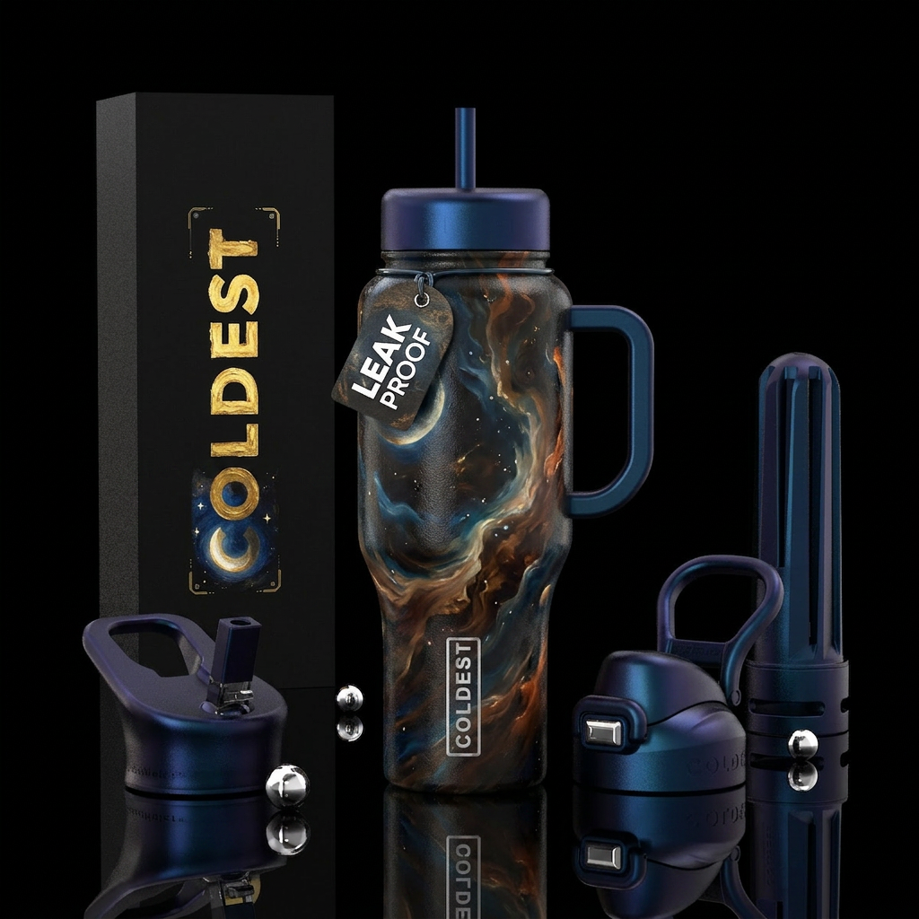 Cosmic, moons, umber, onyx, deep blue, nebula,, oi... water bottle design