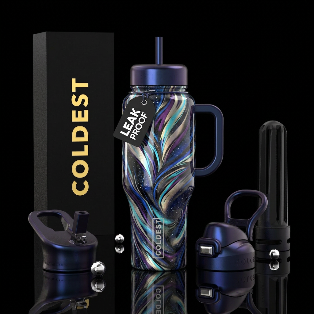 Bright twisted and pulled colors, glossy, slivers ... water bottle design