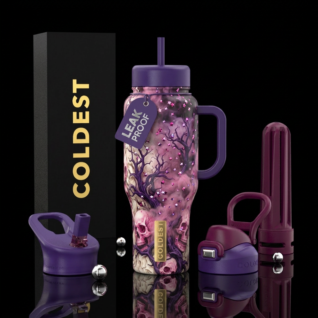 Misty, Realism, lots of detail, Pink skulls, ivory... water bottle design