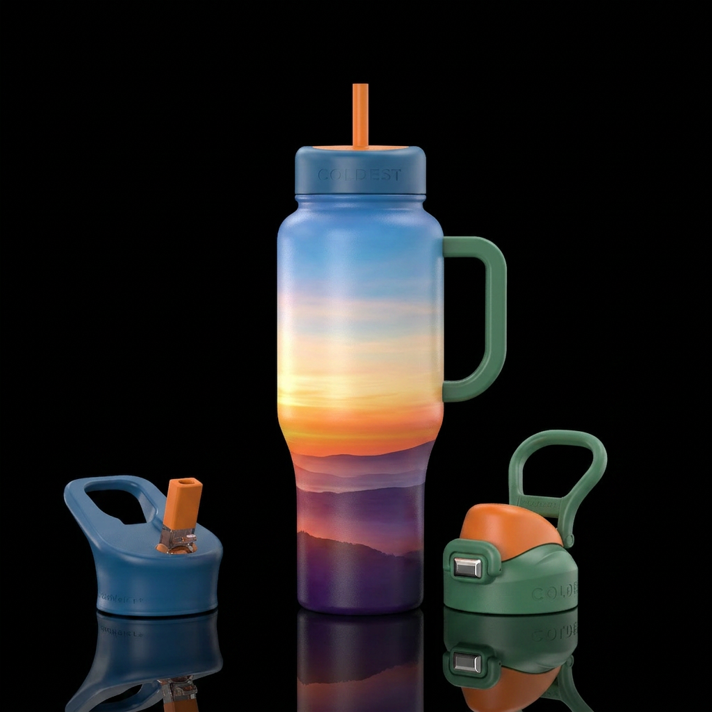 A new dawn awakens, sunrise rising over near and f... water bottle design