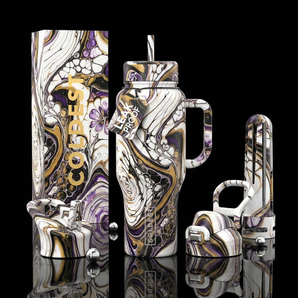 Take blank canvas, pour white, black gold and purp... water bottle design