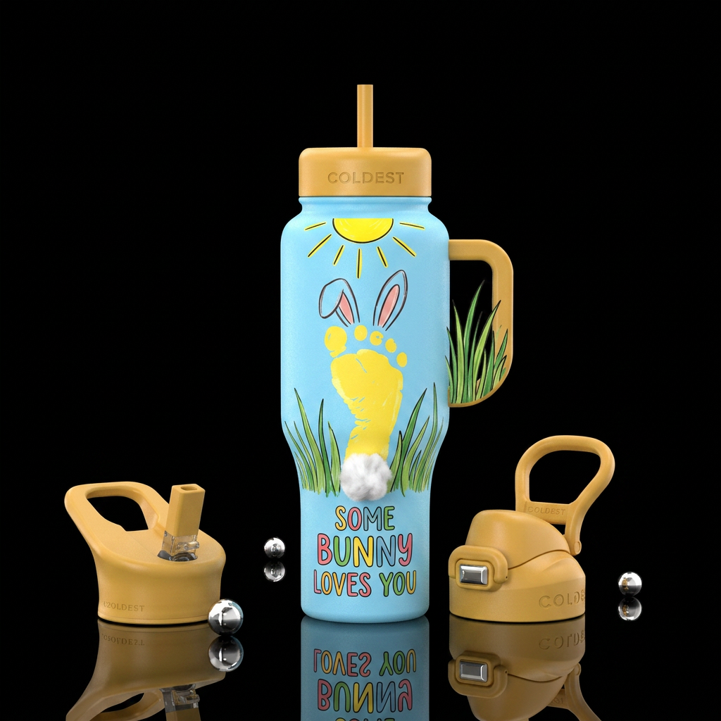 Light blue bottle, sun at top with rays, the foot ... water bottle design