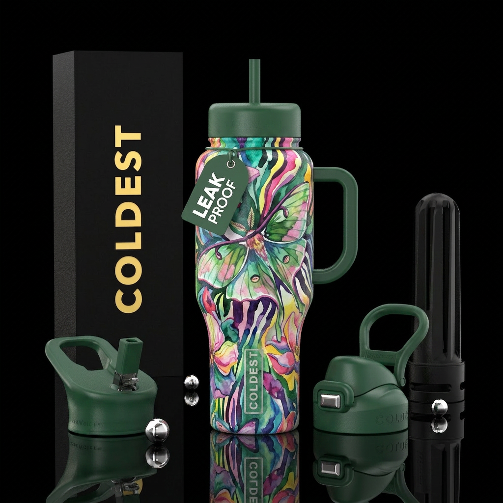 fresh, led, psychedelic, tropical flowers, stripes... water bottle design