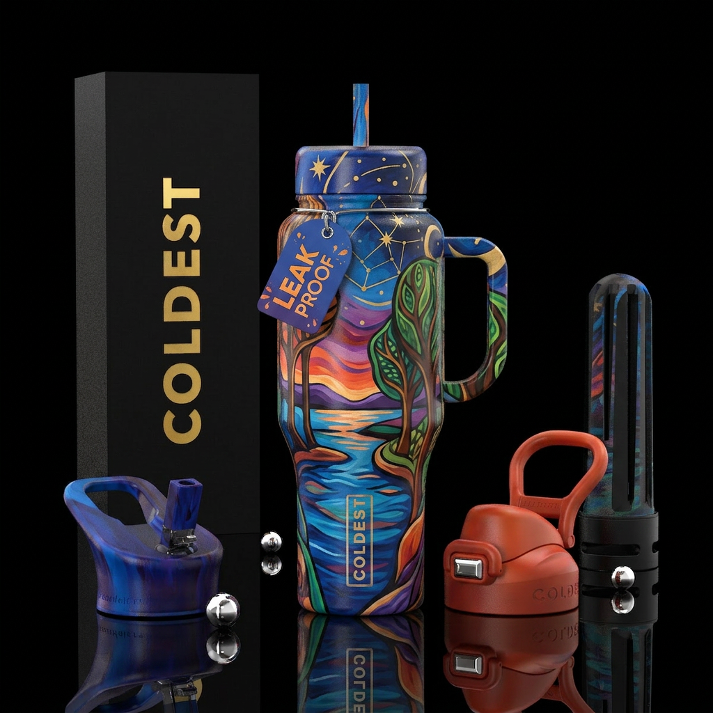 Matching lid and handle, Canal, light, trees, Bold... water bottle design