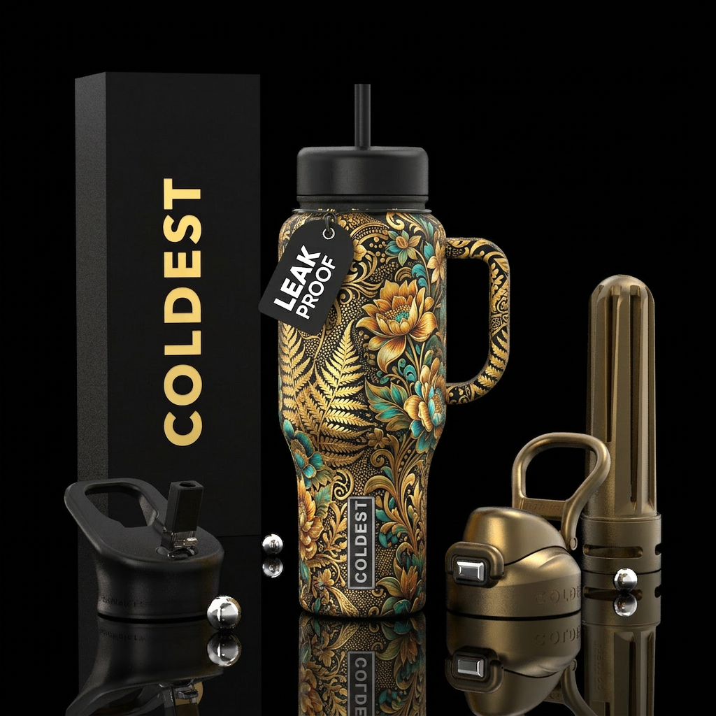golden hour, fern, stippling, toltec, opulent, flo... water bottle design