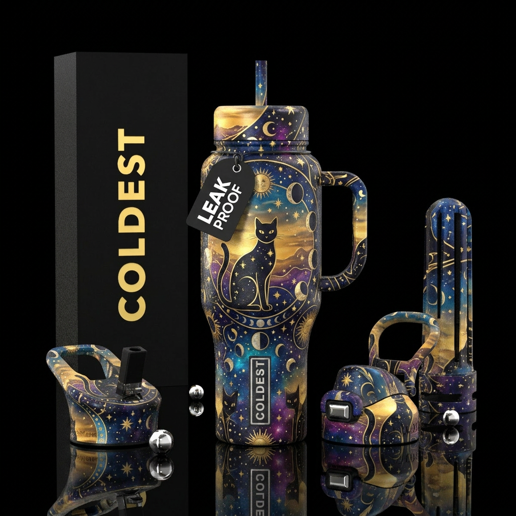 Golden hour, Moon, Sun, stars, black cat, gold han... water bottle design