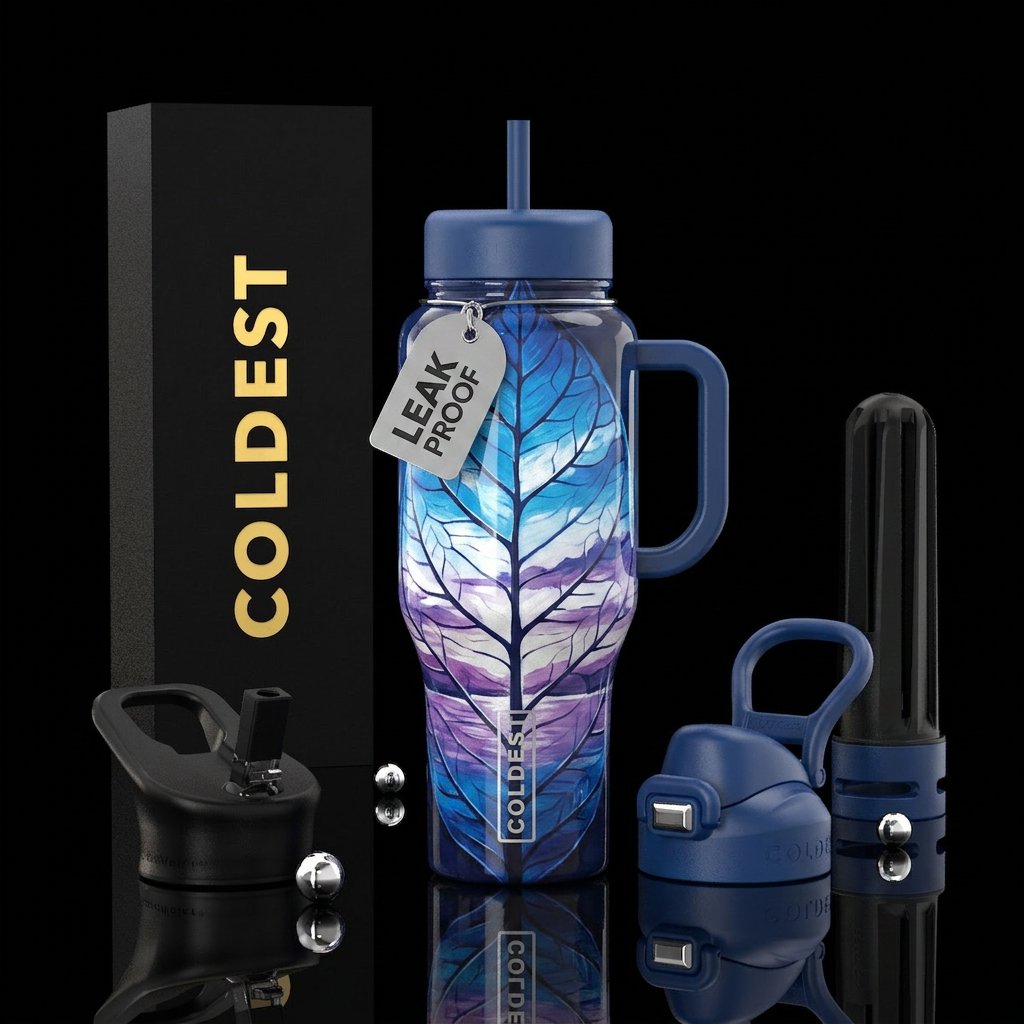 Leaf is ombré, glossy, detailed, serene, detailed,... water bottle design