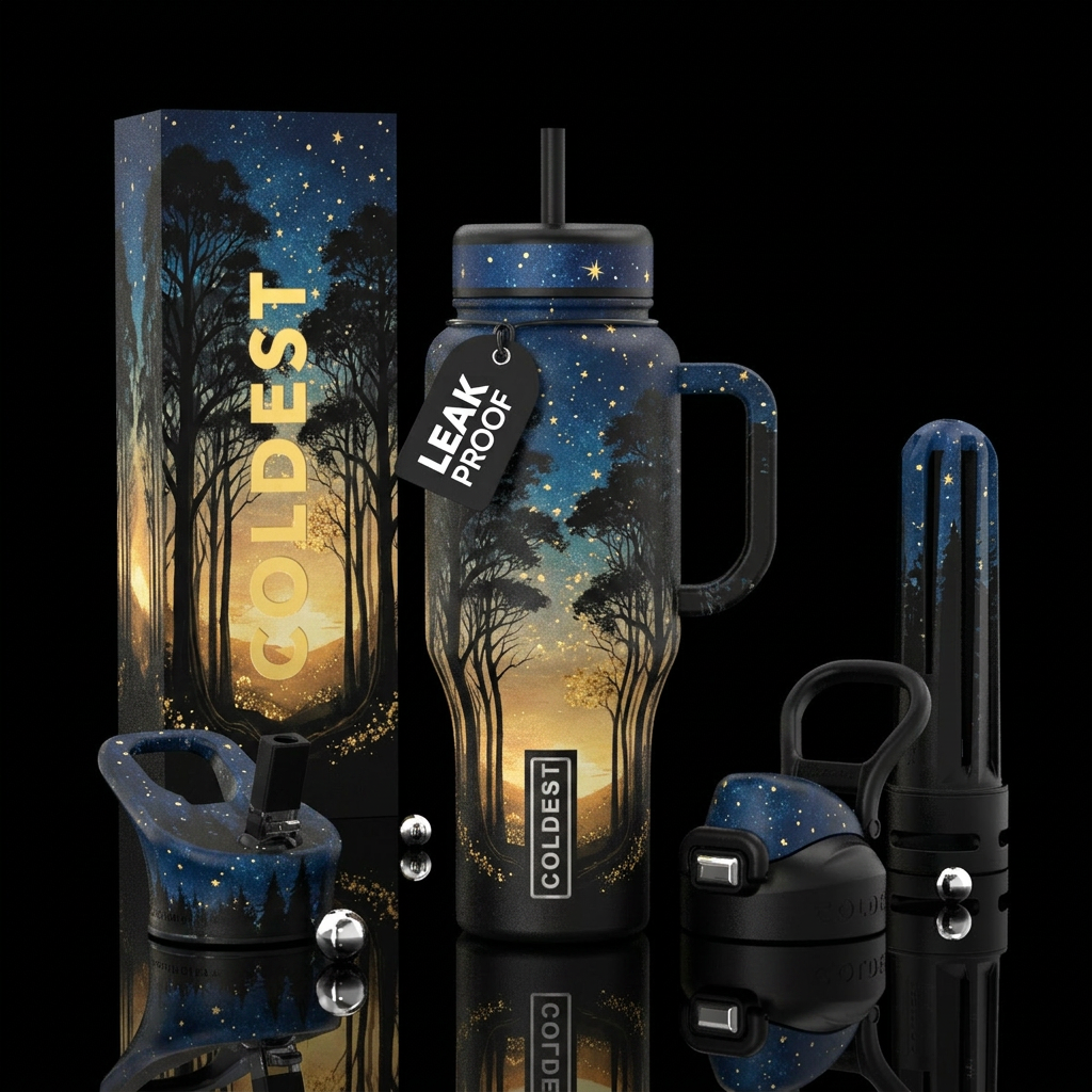 From left to right Very tall trees across bottle, ... water bottle design