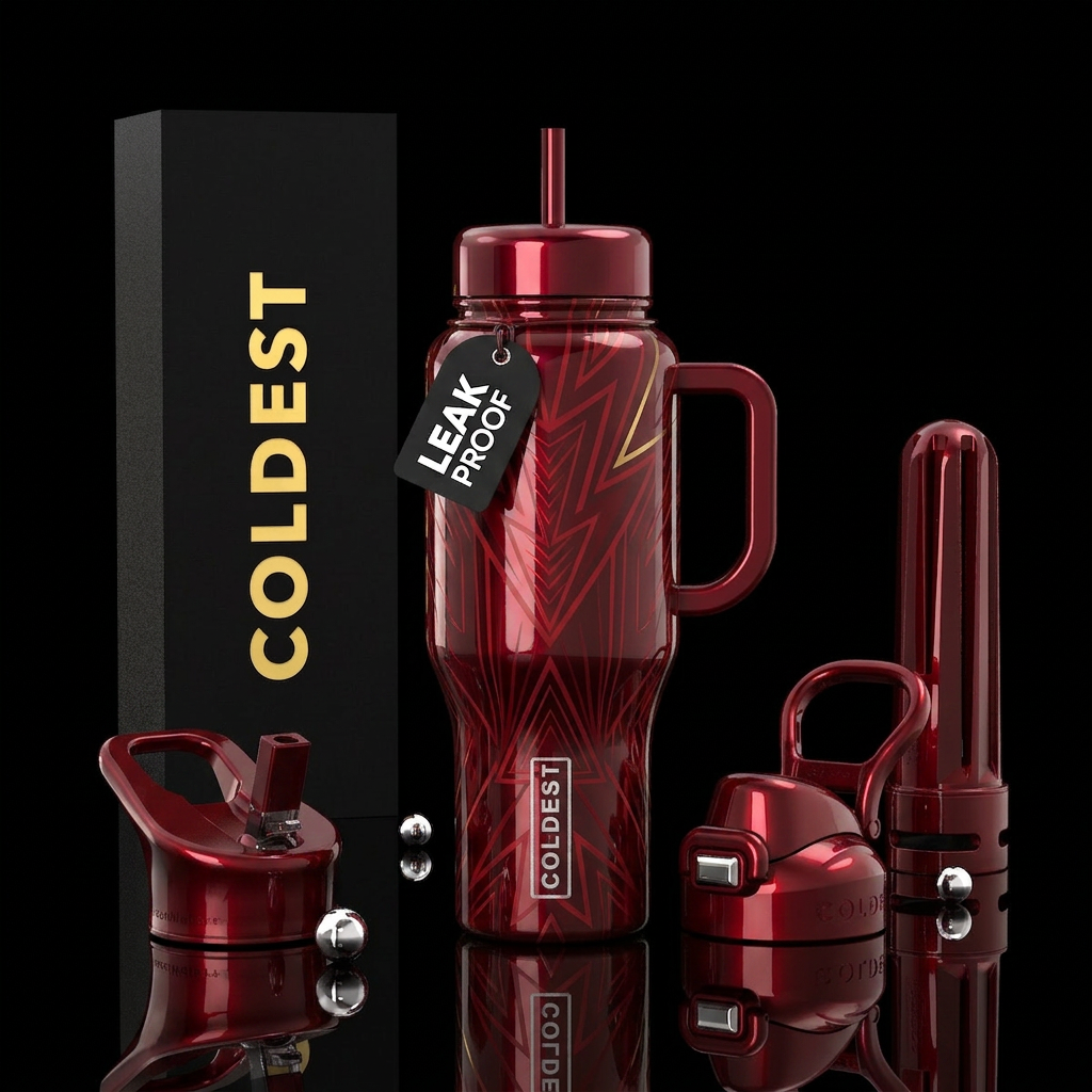 crimson, explosive, glossy, art deco, christmas, u... water bottle design