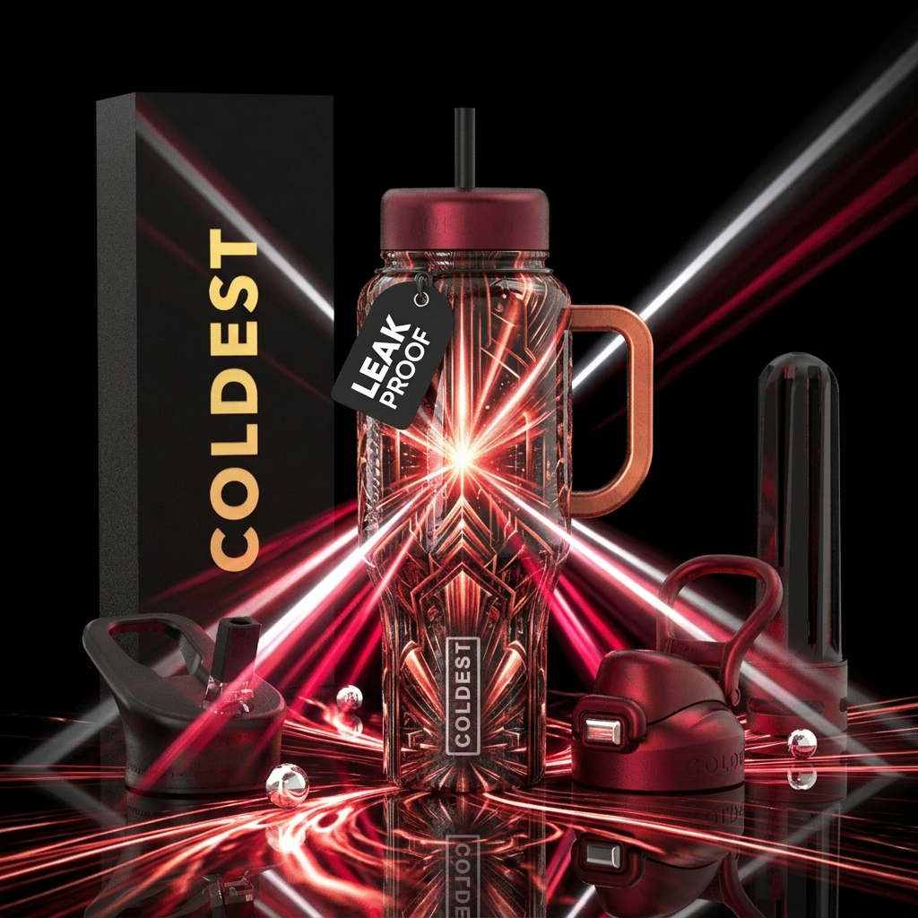 White beams of bright light. crimson, explosive, g... water bottle design